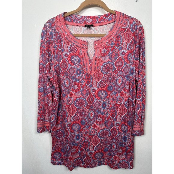 Talbots Large Womens Tunic Top Pink Colorful 3/4 Sleeve Cotton Modal Split VNeck - Picture 2 of 9